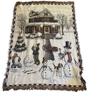 VINTAGE CHRISTMAS AFGHAN TAPESTRY THROW  FRINGE 48” x 60” DOG‎ HOUSE SNOWMAN